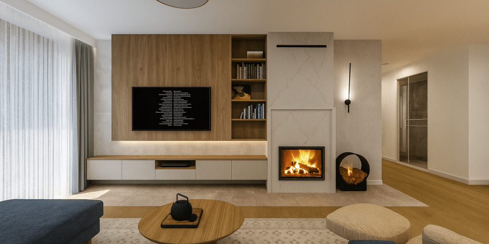 wizualizacja nastrojowego salonu z kominkiem Liczy się wnętrze Justyna Kućmierz